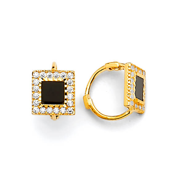 Gold Square Huggie Earrings With Black Onyx & White CZ