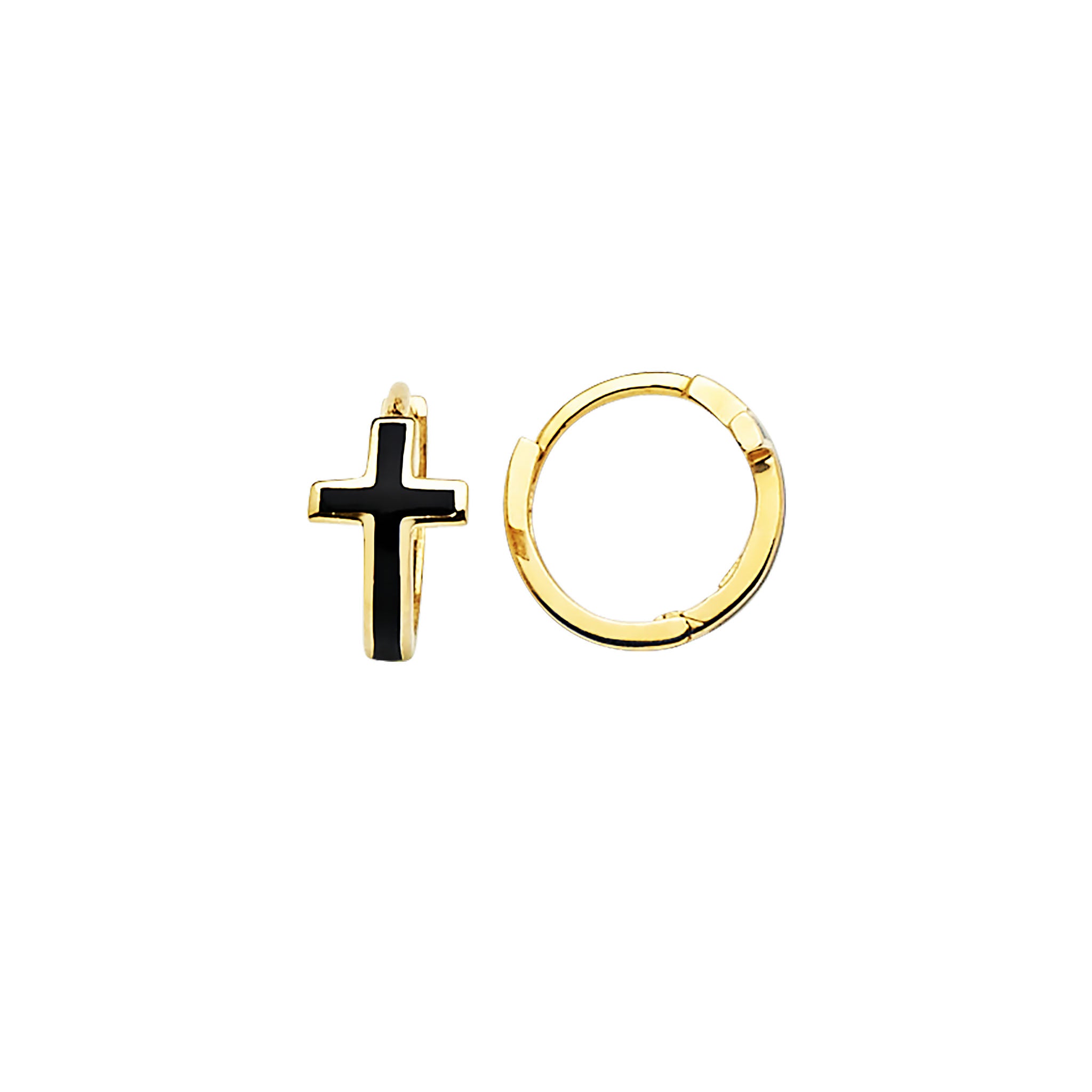 Small 14K Gold Cross Huggie Earrings with Black Onyx