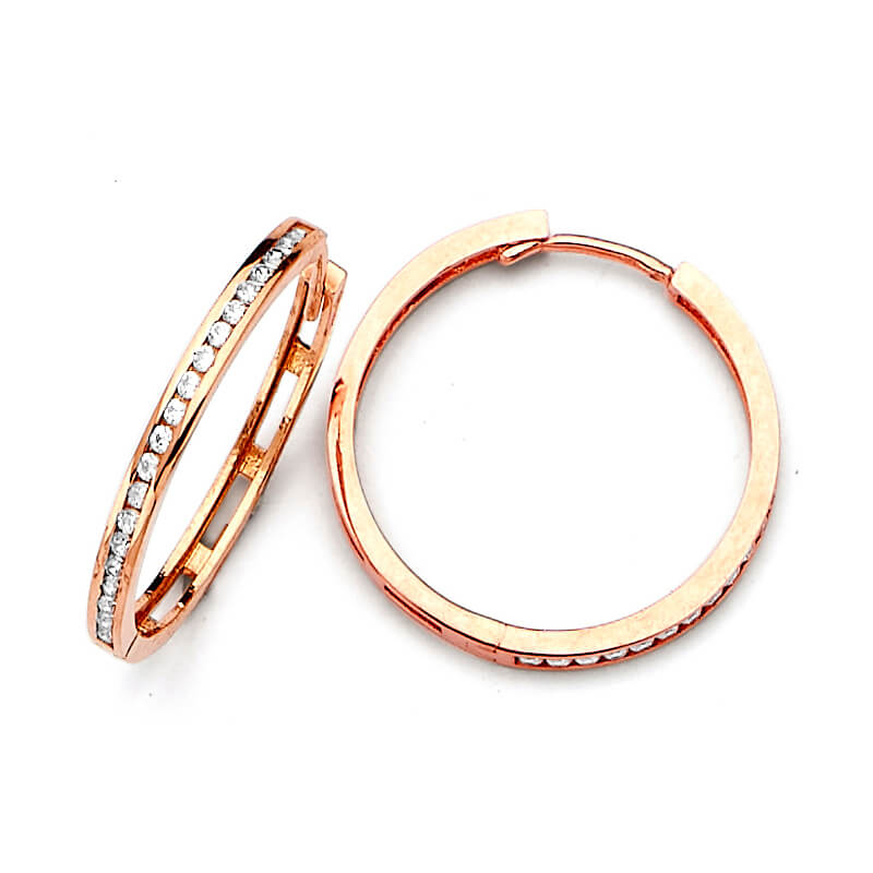 14K Solid Rose Gold w/ White CZ Medium Ladies Huggie Earrings