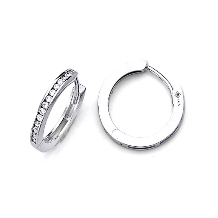 14K Solid White Gold & White CZ  Huggie Earrings