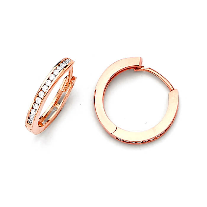 14K Solid Rose Gold w/ White CZ Small Ladies Huggie Earrings