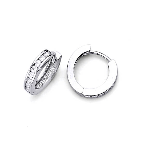 14K Solid White Gold w/ White CZ Ladies Extra-Small Huggie Earrings