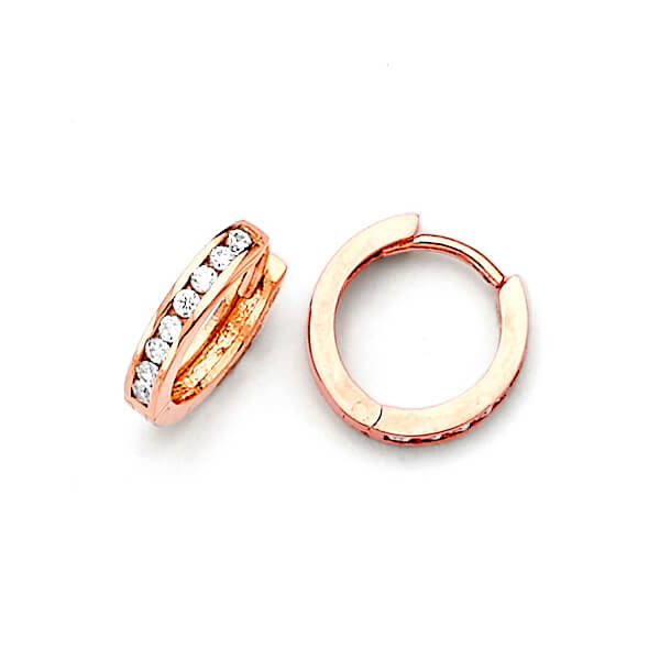 14K Solid Rose Gold w/ White CZ Ladies Extra-Small Huggie Earrings