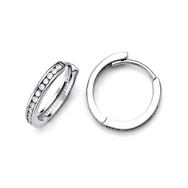 14K Solid White Gold w/ White CZ Ladies Small Huggie Earrings