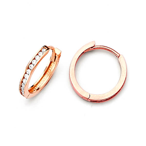 14K Solid Rose Gold w/ White CZ Ladies Small Huggie Earrings