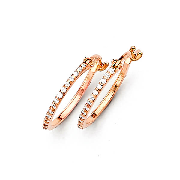 14K Solid Rose Gold w/ White CZ Ladies Small Huggie Earrings