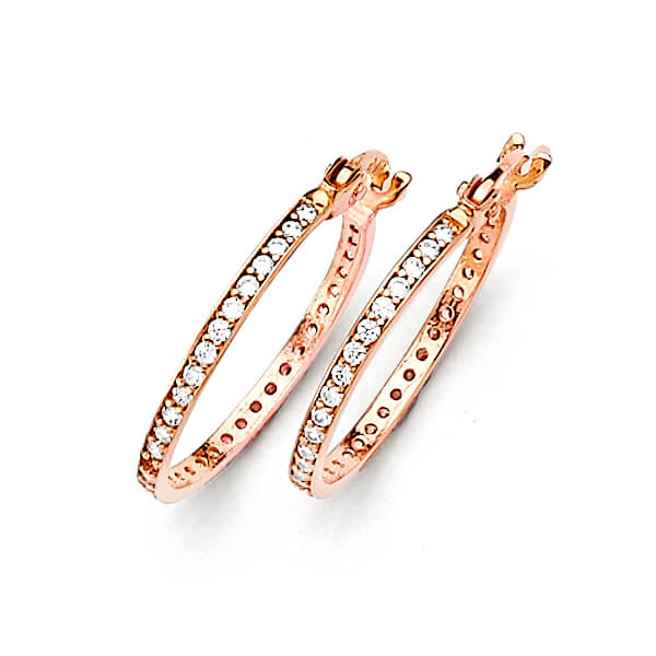 14K Solid Rose Gold w/ White CZ Ladies Medium Huggie Earrings