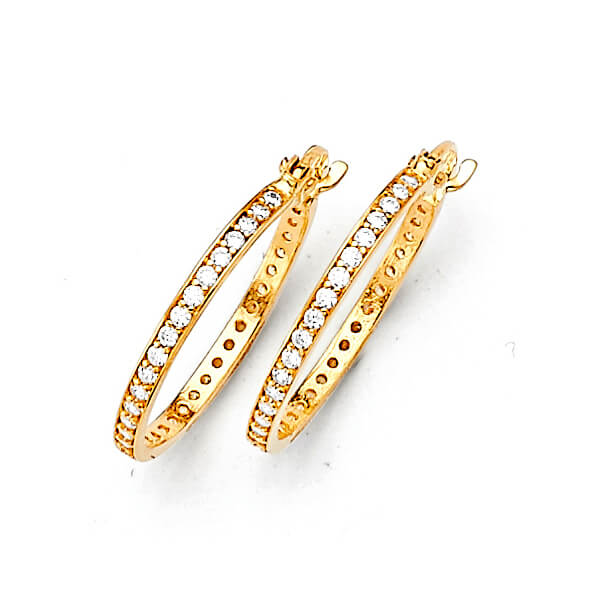 14K Solid Gold w/ White CZ Ladies Medium Huggie Earrings