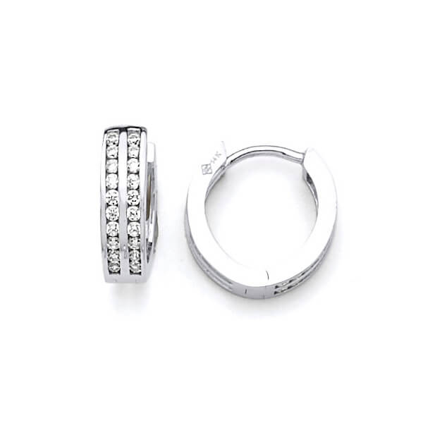 14K Solid White Gold & White CZ Ladies Double Row Huggie Earrings