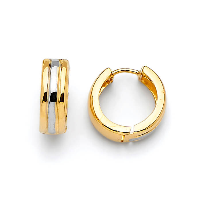 14K Solid Gold Two-tone Ladies Huggie Earrings