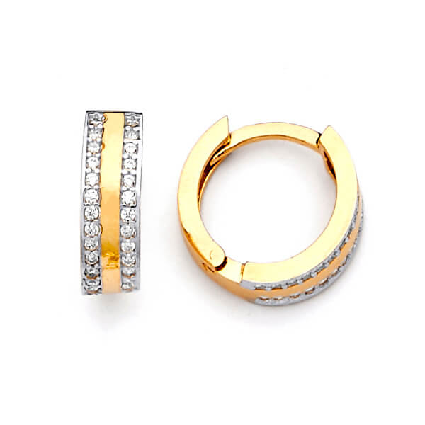 14K Solid Two-tone Gold & White CZ Ladies Huggie Earrings