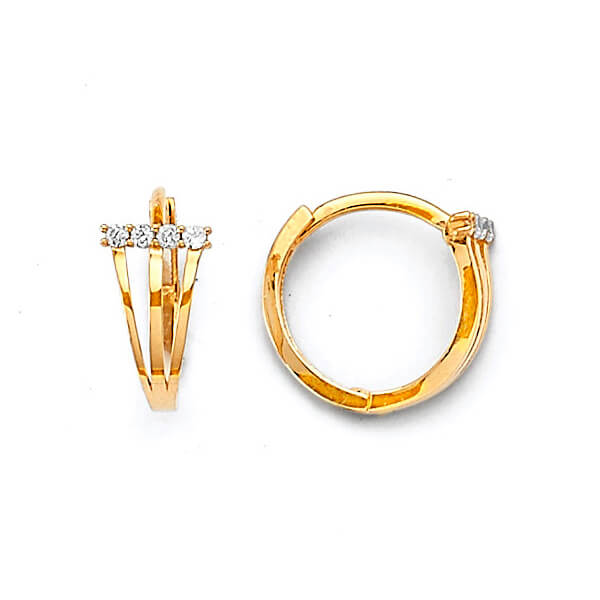 14K Solid Gold w/ White CZ Ladies Three Claws Huggie Earrings