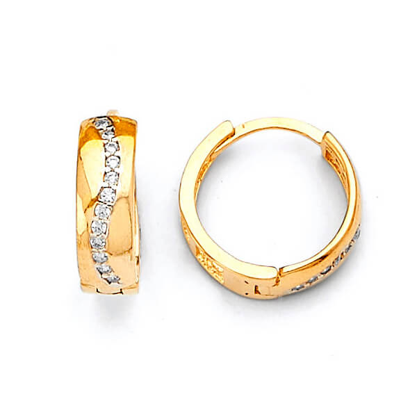 14K Solid Gold w/ White CZ Ladies Huggie Earrings