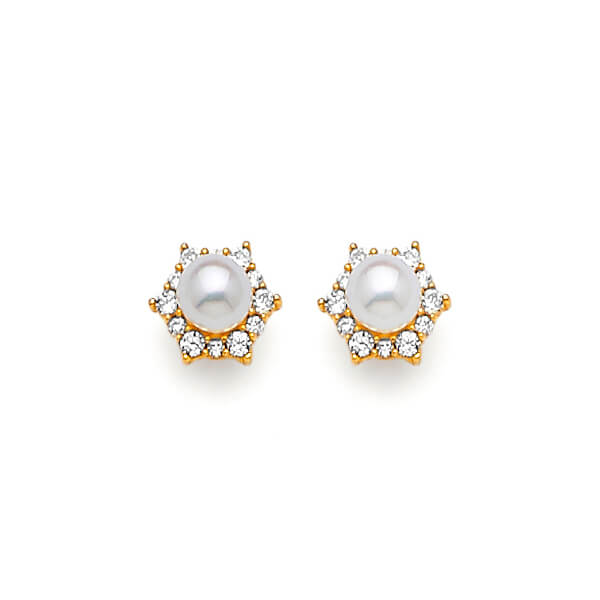 14K Solid Gold with White CZ & White Pearl Ladies Star Stud Earrings