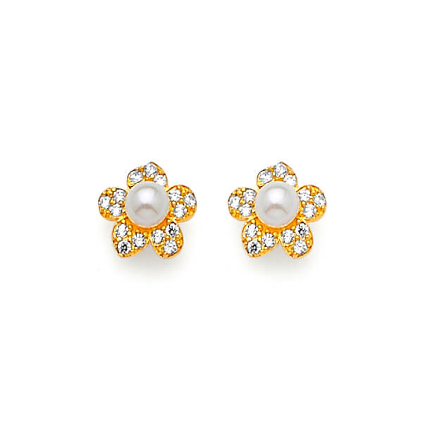 14K Solid Gold with White CZ & White Pearl Ladies Flower Stud Earrings