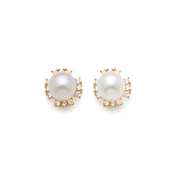 14K Solid Gold with White CZ & White Pearl Ladies Stud Earrings