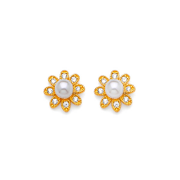 14K Solid Gold with White CZ & White Pearl Ladies Flower Stud Earrings