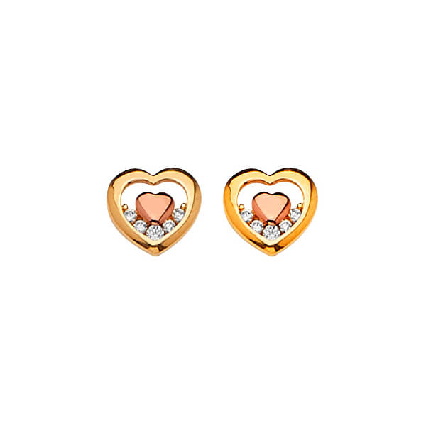 14K Two-tone Gold w/ White CZ Ladies Heart Stud Earrings