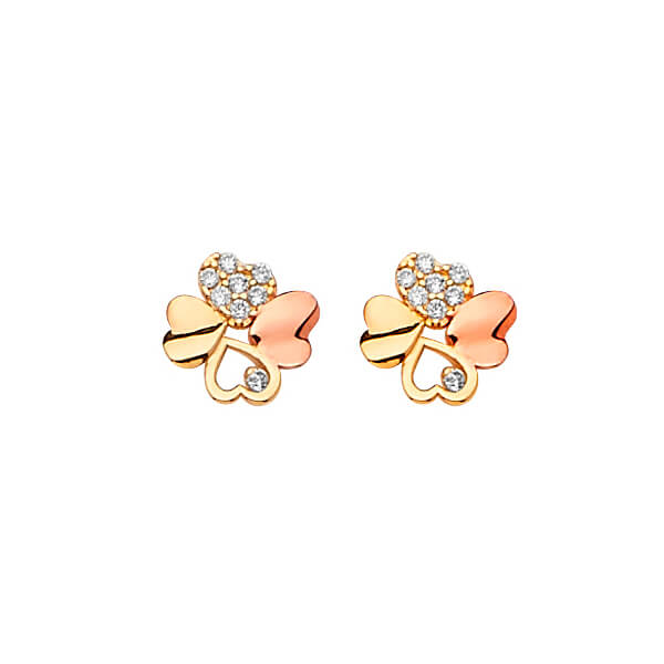 14K Solid Two-tone Gold w/ White CZ Ladies Stud Earrings