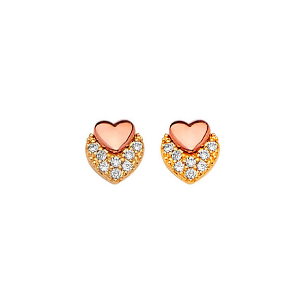 14K Solid Two-tone Gold w/ White CZ Ladies Stud Earrings