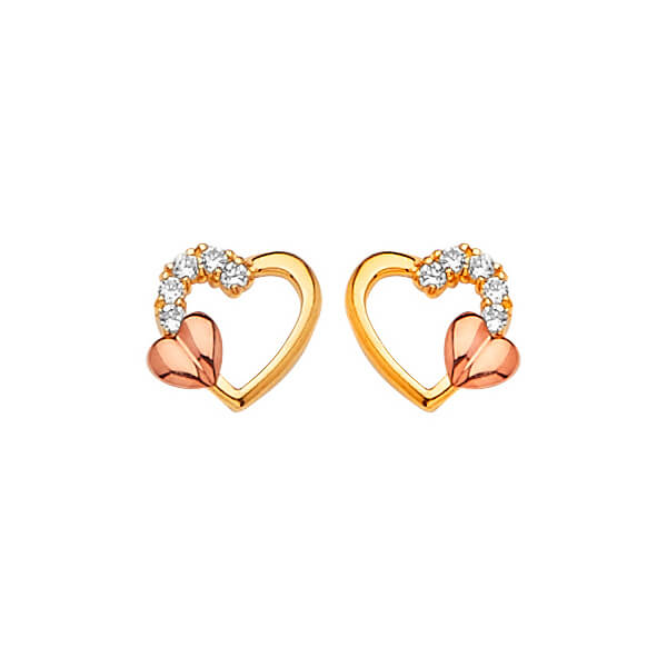 14K Two-tone Solid Gold w/ White CZ Ladies Heart Stud Earrings