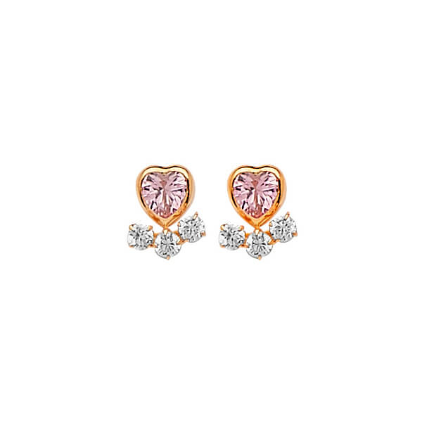 14K Solid Gold w/ White & Pink CZ Ladies Heart Stud Earrings