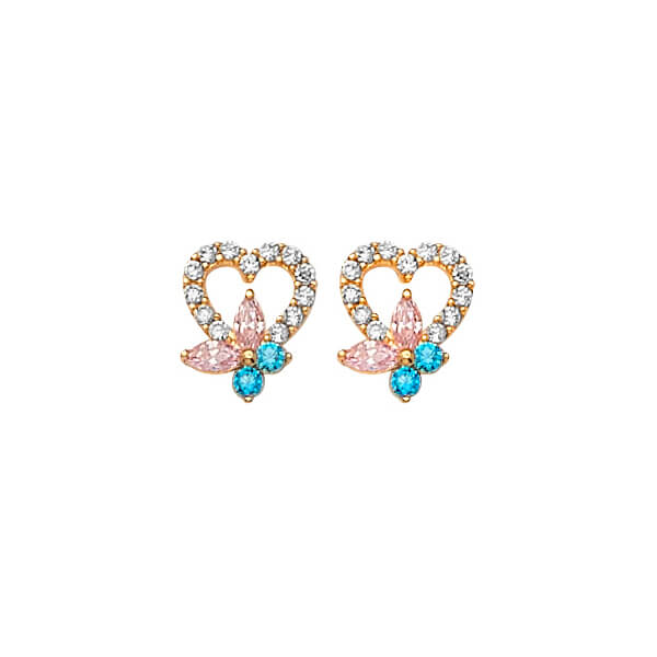 14K Solid Gold w/ Multi-color CZ Ladies Heart & Butterfly Stud Earrings