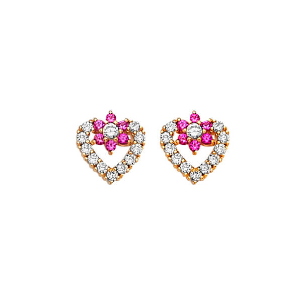 14K Solid Gold w/ Multi-color CZ Ladies Heart & Flower Stud Earrings