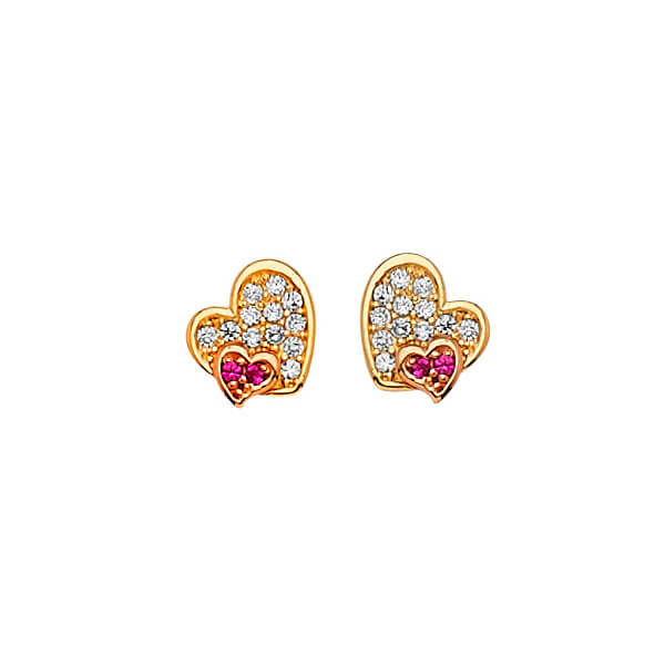 14K Solid Gold w/ White & Pink CZ Ladies Heart Stud Earrings