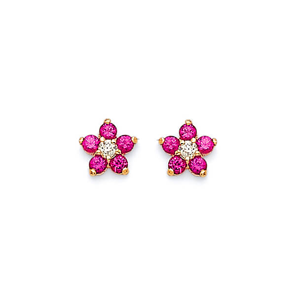 14K Solid Gold with Pink & White CZ Ladies Flower Stud Earrings