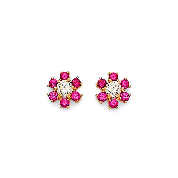 14K Solid Gold with Pink & White CZ Ladies Flower Stud Earrings  