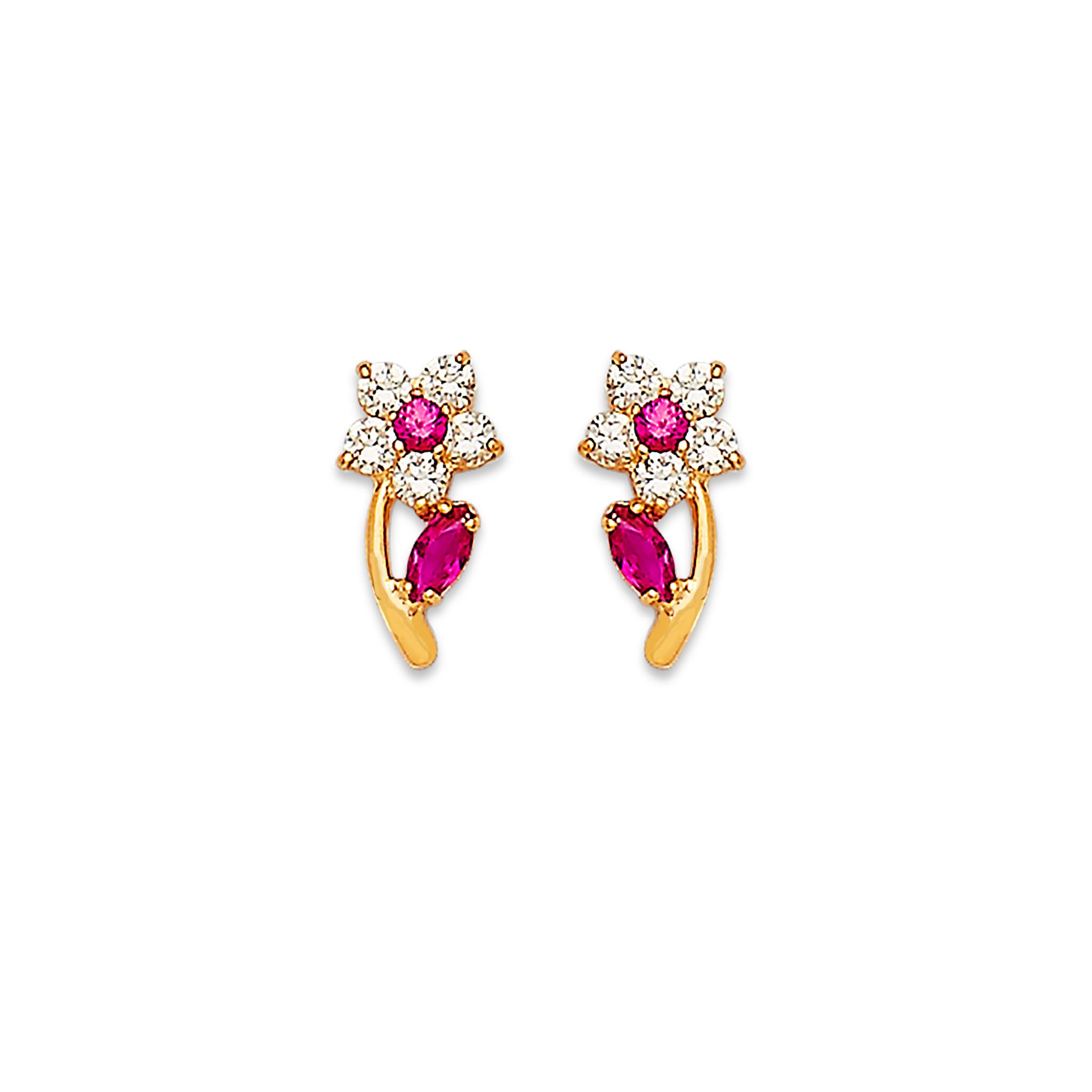 14K Solid Gold Full Stem Flower Stud Earrings with Pink & White Stones