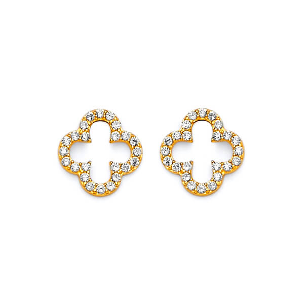 14K Solid Gold with White CZ Ladies Cross Stud Earrings