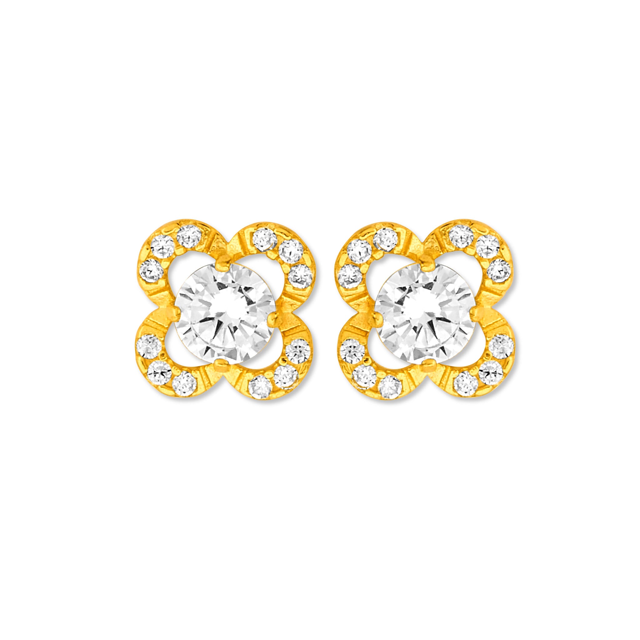 14K Solid Gold & White CZ Ladies Flower Stud Earrings