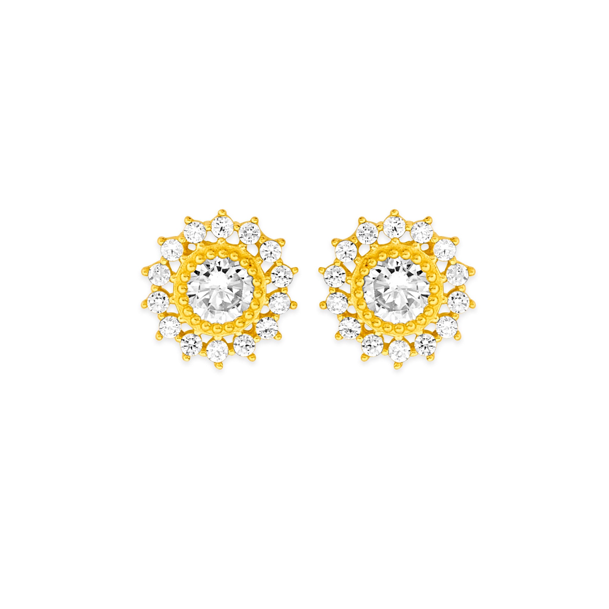 14K Solid Gold & White CZ Ladies Sunflower Stud Earrings