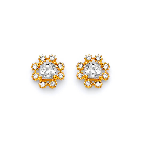 14K Solid Gold with White CZ Ladies Flower Stud Earrings