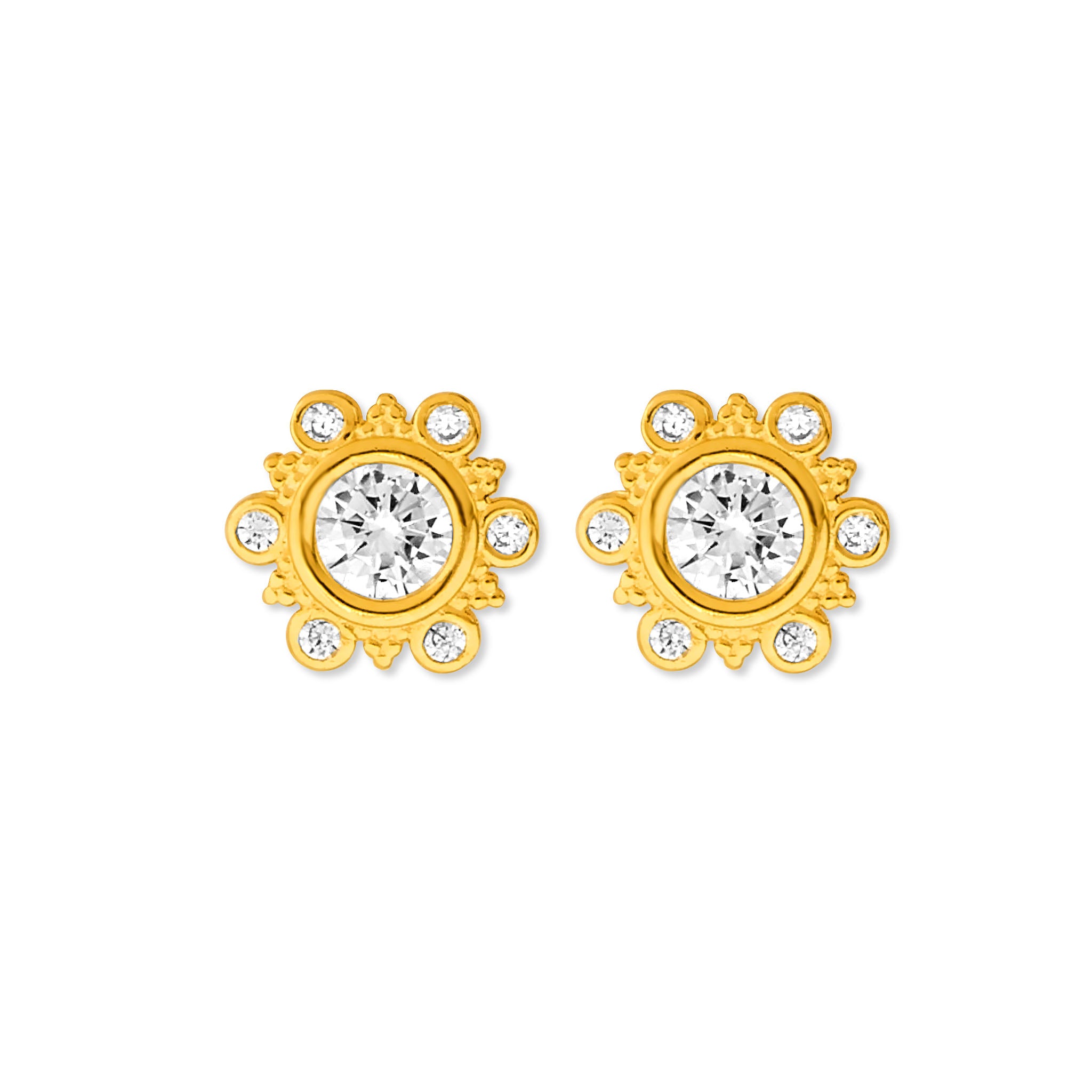 14K Solid Gold & White CZ Ladies Flower Stud Earrings