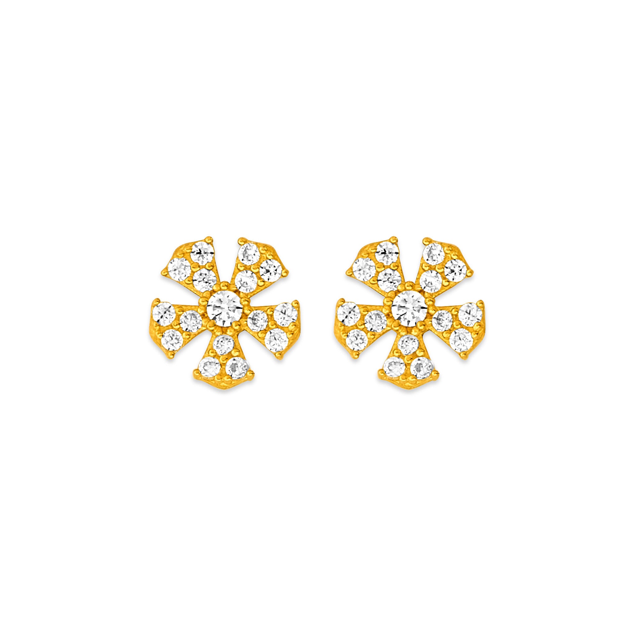 14K Solid Gold & White CZ Ladies Flower Stud Earrings