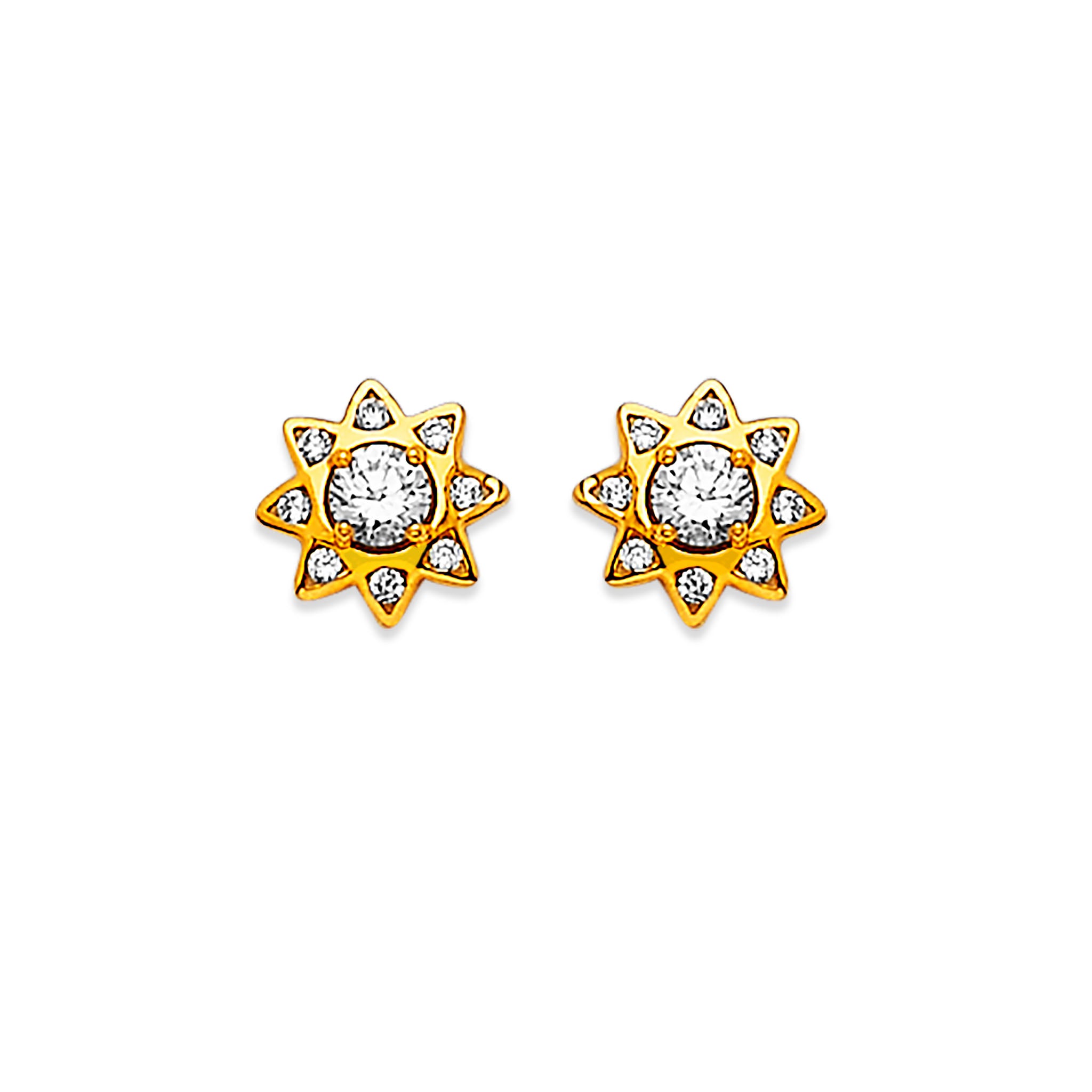 14K Solid Gold & White CZ Ladies Flower Stud Earrings