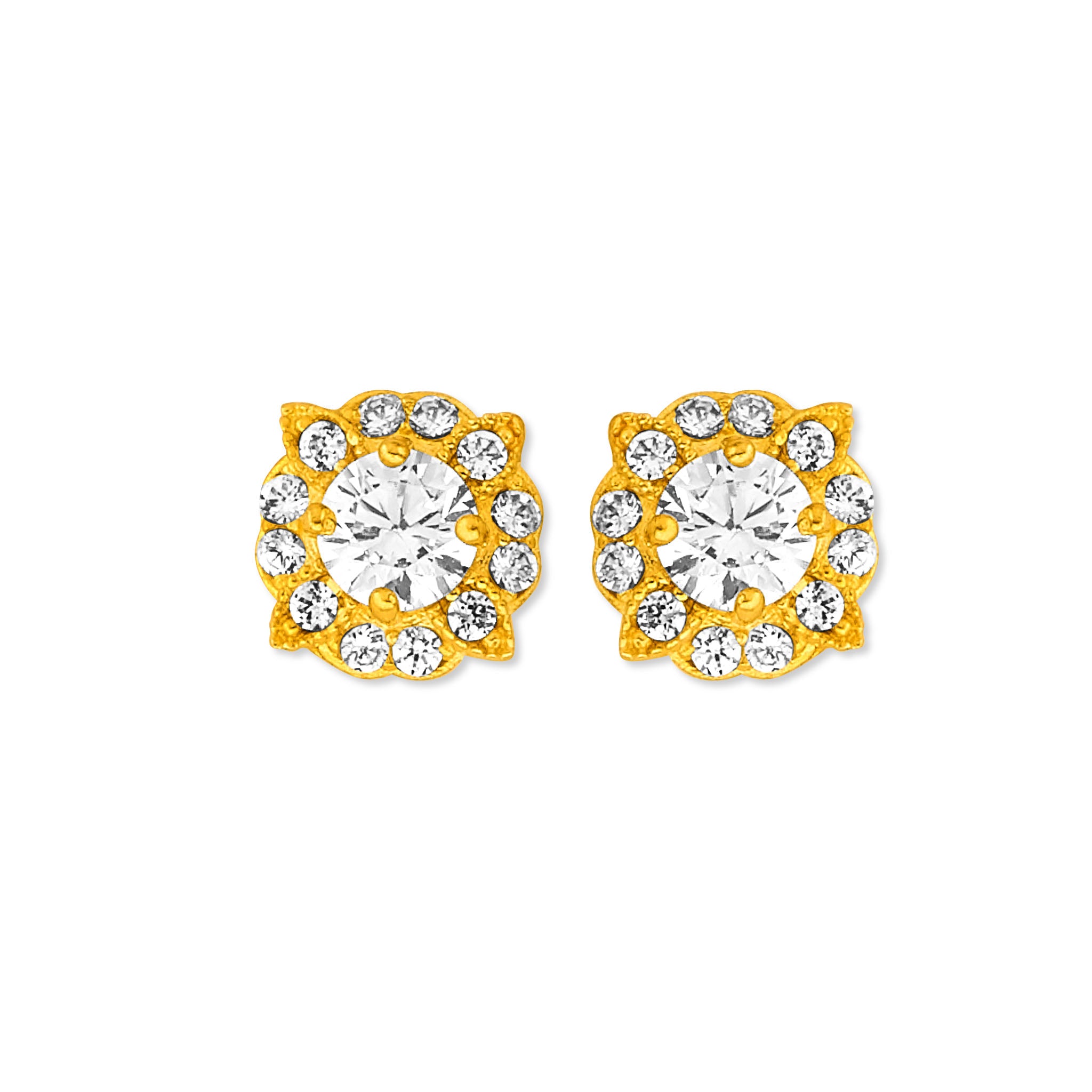 14K Solid Gold & White CZ Ladies Flower Stud Earrings