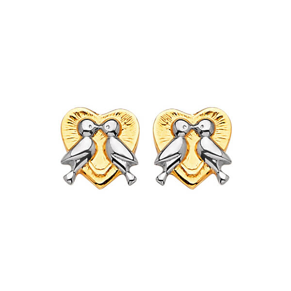 14K Solid Two-tone Gold Ladies Heart and Lovebirds Stud Earrings