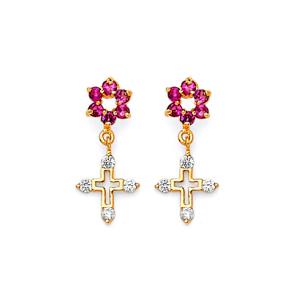 14K Solid Gold w/ White & Red CZ Ladies Cross & Flower Dangling Stud Earrings