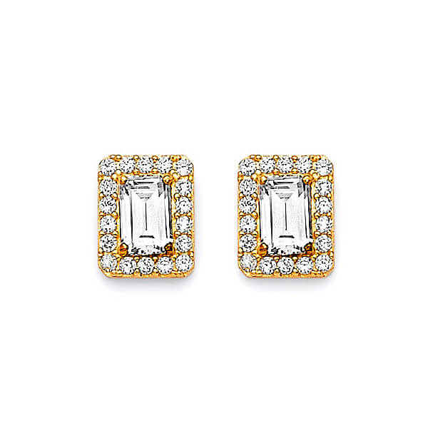 14K Solid Gold w/ White CZ Ladies Rectangle Stud Earrings