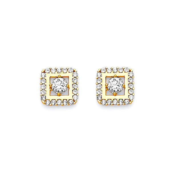 14K Solid Gold w/ White CZ Ladies Square Stud Earrings