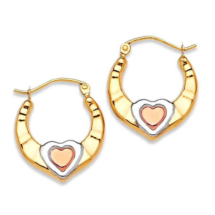 14K Tri-color Solid Gold Small Ladies Heart Hoop Earrings