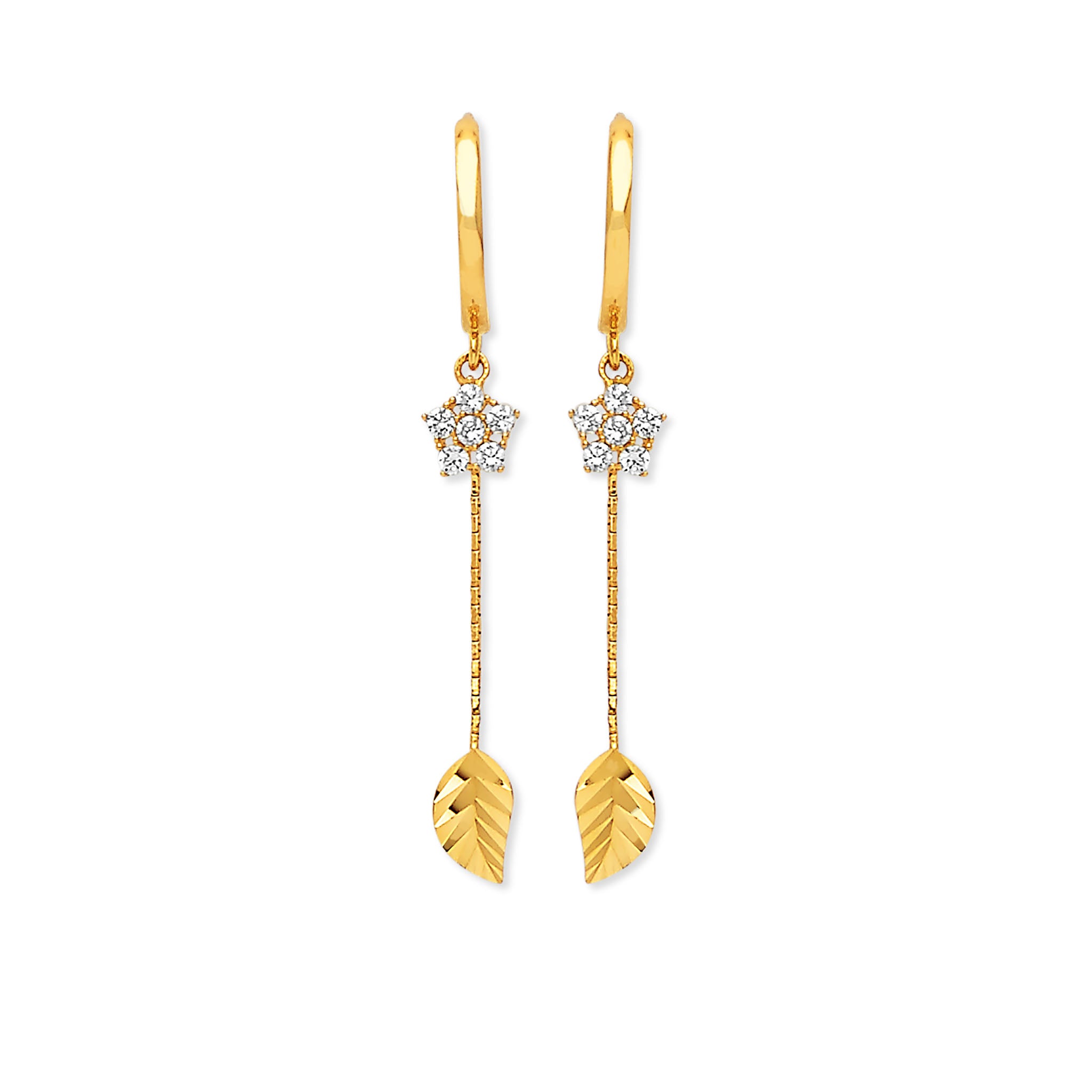 14K Solid Gold & White CZ Ladies Leaf Drop Earrings