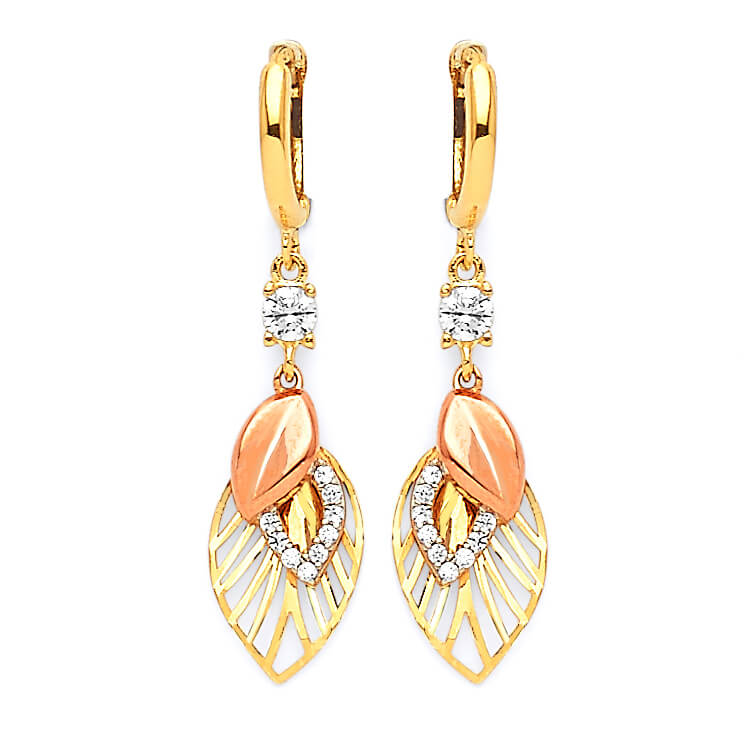 14K Tri-color Solid Gold w/ White CZ Ladies Leaf Drop Earrings