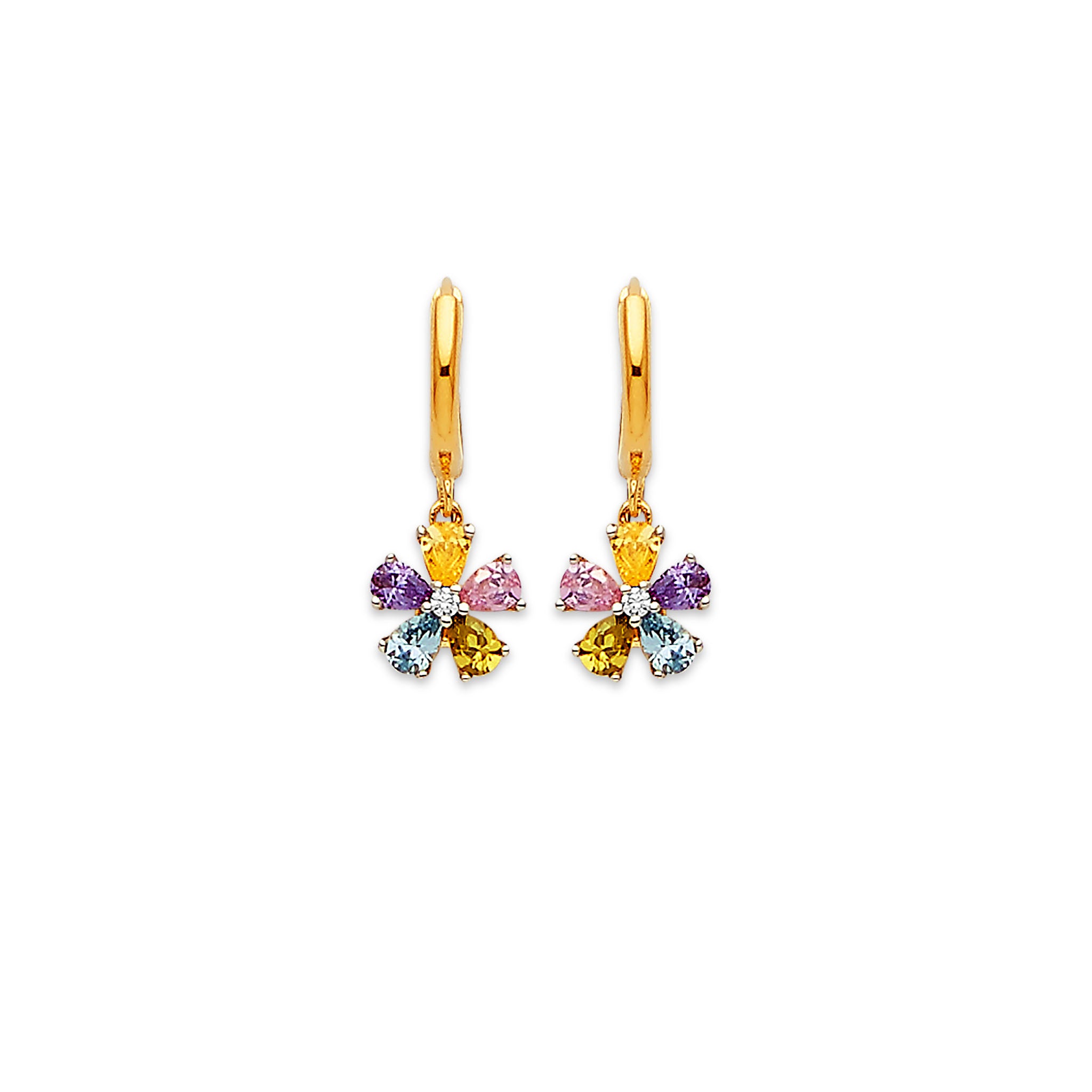 14K Solid Gold & Multi-color CZ Flower Drop Earrings 