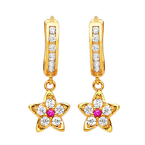 14K Solid Gold with White & Red CZ Flower Drop Earrings