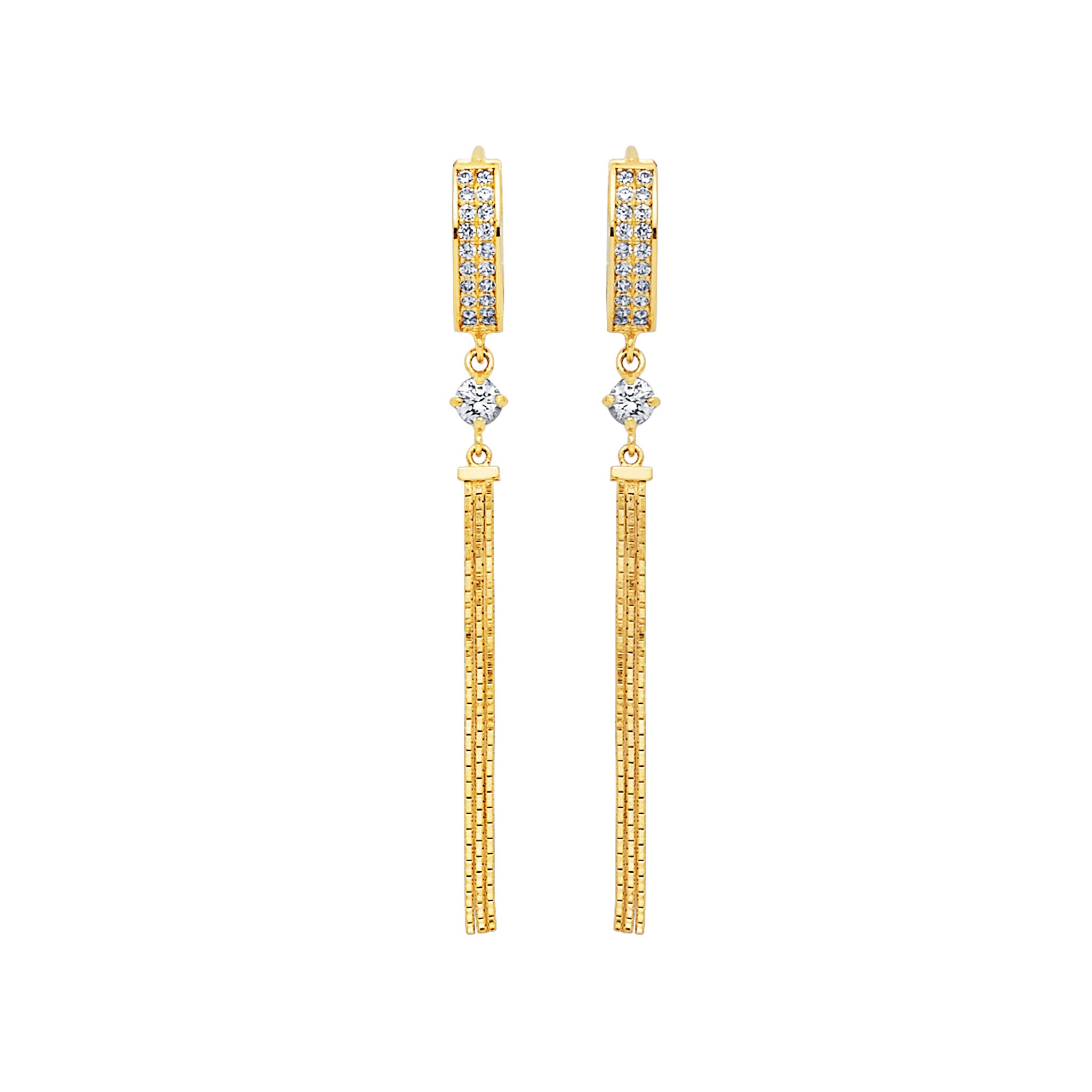 14K Solid Gold with White CZ Tassel Drop Earrings